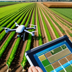 **

Prompt: "Aerial view of an organic farm using drone technology for crop monitoring. Fields of diverse crops, a drone in the sky, data analysis interface on a tablet. Focus on showing technological integration in sustainable agriculture."

**