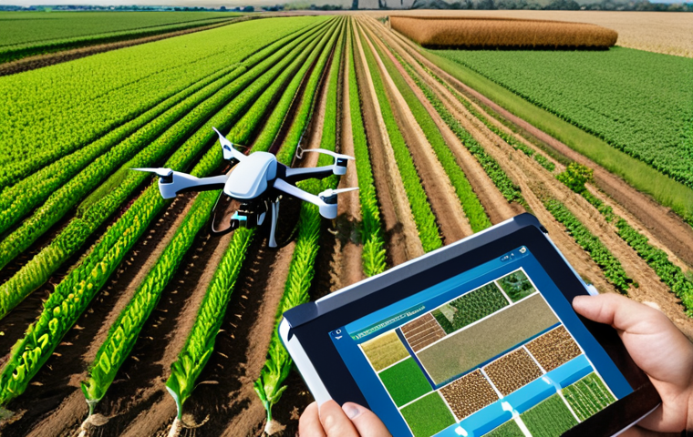 **
Prompt: "Aerial view of an organic farm using drone technology for crop monitoring. Fields of diverse crops, a drone in the sky, data analysis interface on a tablet. Focus on showing technological integration in sustainable agriculture."
**