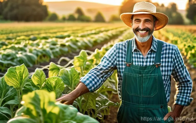 유기농업관리사 필기시험 합격 비법 - **Prompt:** A vibrant, sun-drenched organic farm field at golden hour. A cheerful, experienced farme...