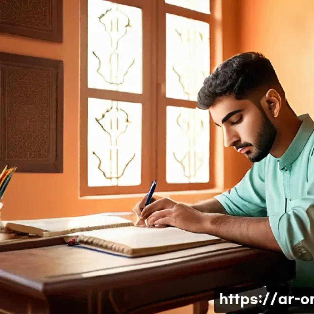 유기농업관리사 자격증 공부 일정표 - A young Arab man studying at a tidy desk in a traditional Middle Eastern home, surrounded by books a...