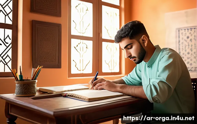유기농업관리사 자격증 공부 일정표 - A young Arab man studying at a tidy desk in a traditional Middle Eastern home, surrounded by books a...