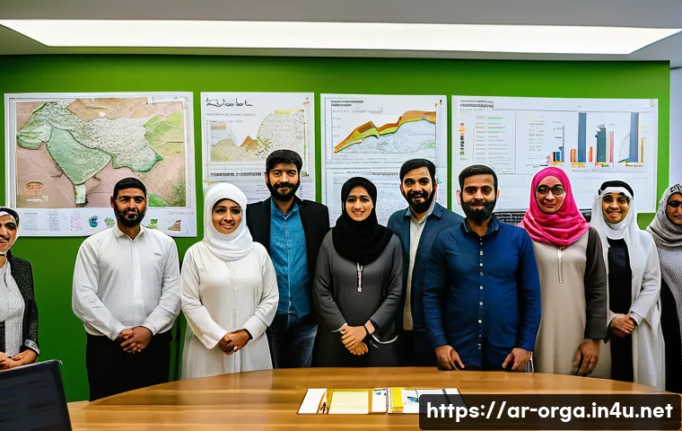 유기농업관리사 자격증 공부 커뮤니티 활용 - A vibrant and diverse study group of Arabic-speaking organic farming specialists, gathered around a ...