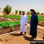 유기농업관리사 실무 교육기관 추천 - A modern organic farming training center in the Middle East, featuring a diverse group of adult trai...