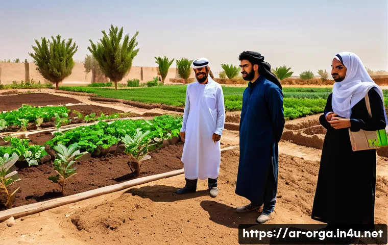 유기농업관리사 실무 교육기관 추천 - A modern organic farming training center in the Middle East, featuring a diverse group of adult trai...