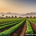 유기농업관리사와 유기농 농산물 유통 - A vibrant organic farm scene in the Middle East during golden hour, showcasing a diverse array of cr...