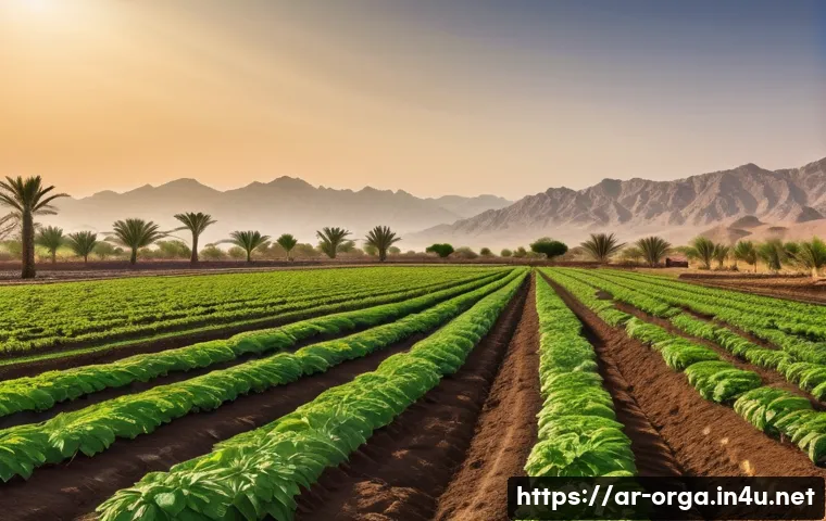 유기농업관리사와 유기농 농산물 유통 - A vibrant organic farm scene in the Middle East during golden hour, showcasing a diverse array of cr...