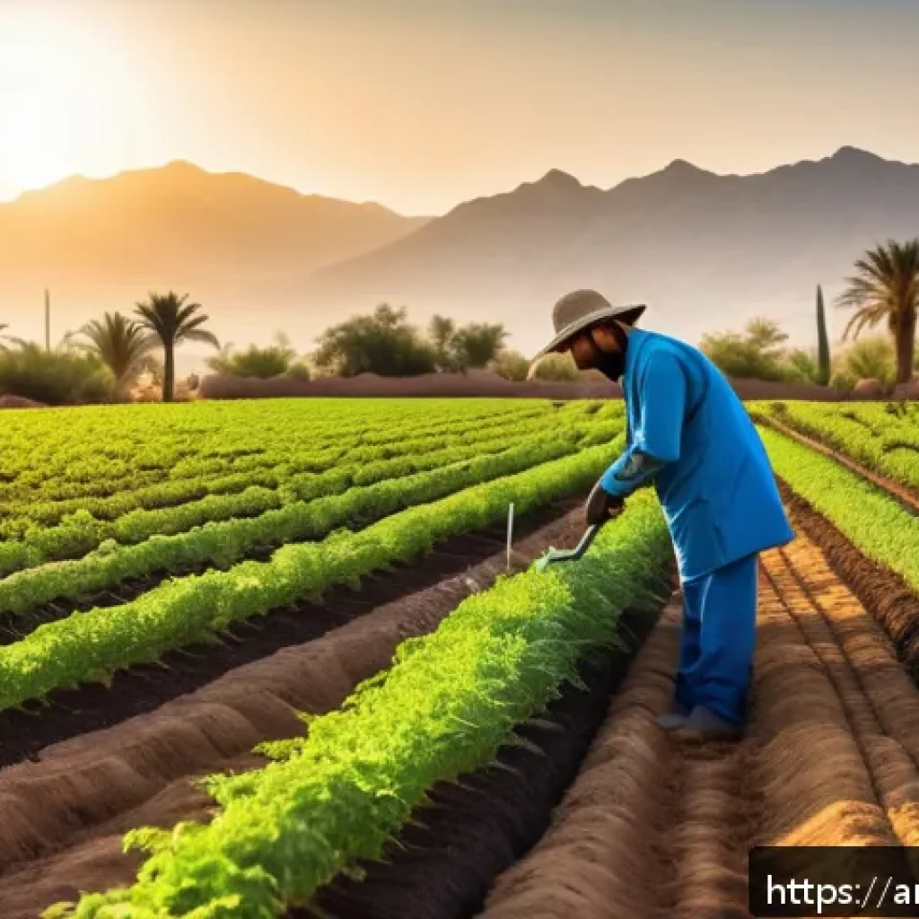 유기농업관리사 커리어 패스 사례 - A detailed scene of an organic farm in a Middle Eastern setting during early morning light, showing ...