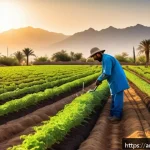 유기농업관리사 커리어 패스 사례 - A detailed scene of an organic farm in a Middle Eastern setting during early morning light, showing ...