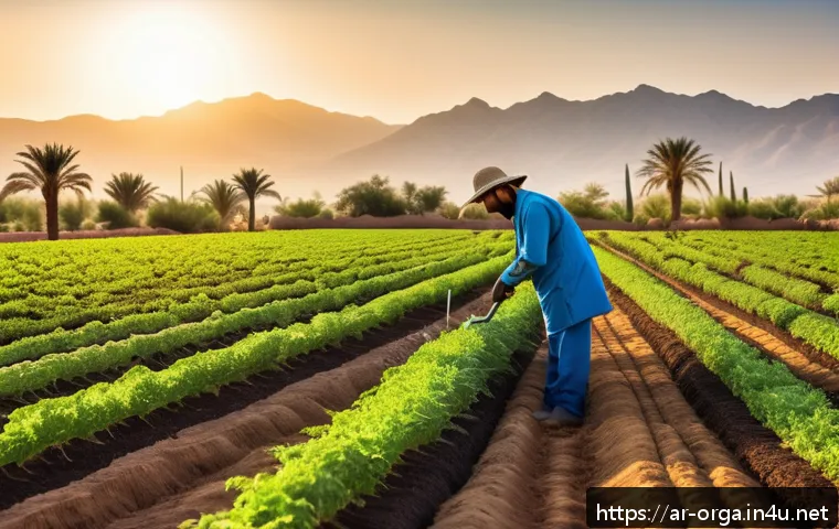유기농업관리사 커리어 패스 사례 - A detailed scene of an organic farm in a Middle Eastern setting during early morning light, showing ...