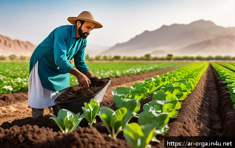 유기농업관리사와 생태 농업의 상관관계 - A vibrant organic farm scene in a Middle Eastern setting, showcasing lush, healthy soil rich with or...