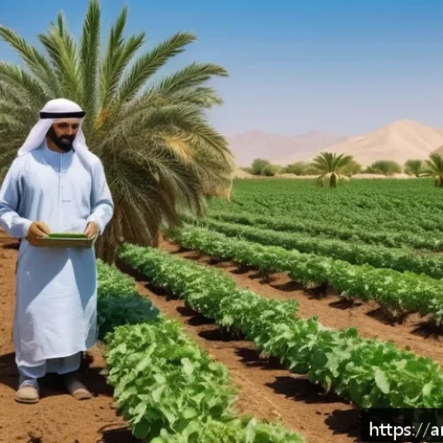유기농업관리사 시험 합격 사례 공유 - A detailed, vibrant image of an organic farm in the Middle East, showing a farmer wearing traditiona...