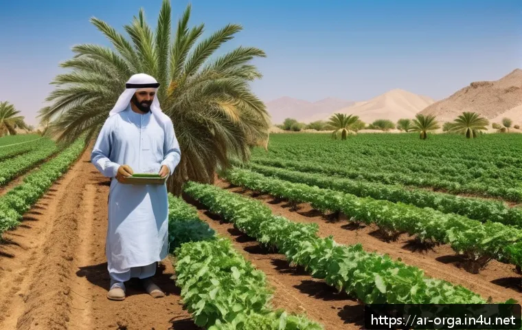 유기농업관리사 시험 합격 사례 공유 - A detailed, vibrant image of an organic farm in the Middle East, showing a farmer wearing traditiona...