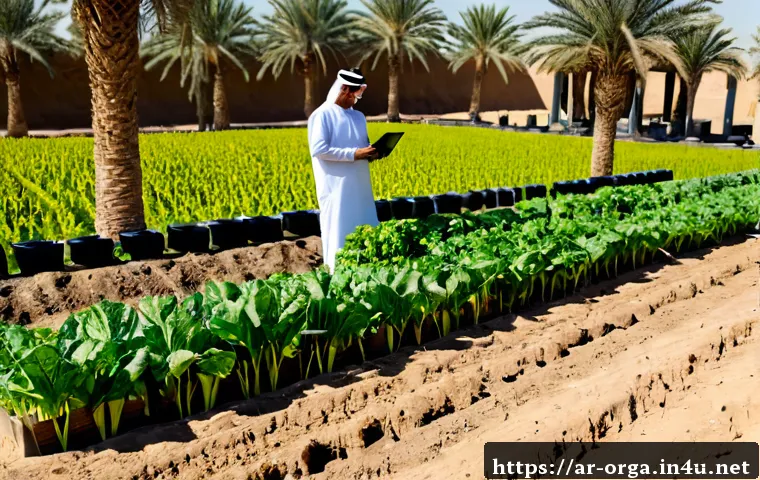 Home 17 유기농업관리사 실무 사례 모음 - Photorealistic organic farm management case study scene in a sunlit date-palm oasis, an Arab agricul...