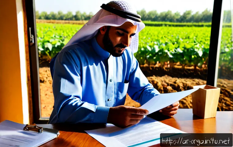 유기농업관리사 자격증 재취득 절차 - Photorealistic Arab agricultural professional in modest work clothing reviewing blank certification ...